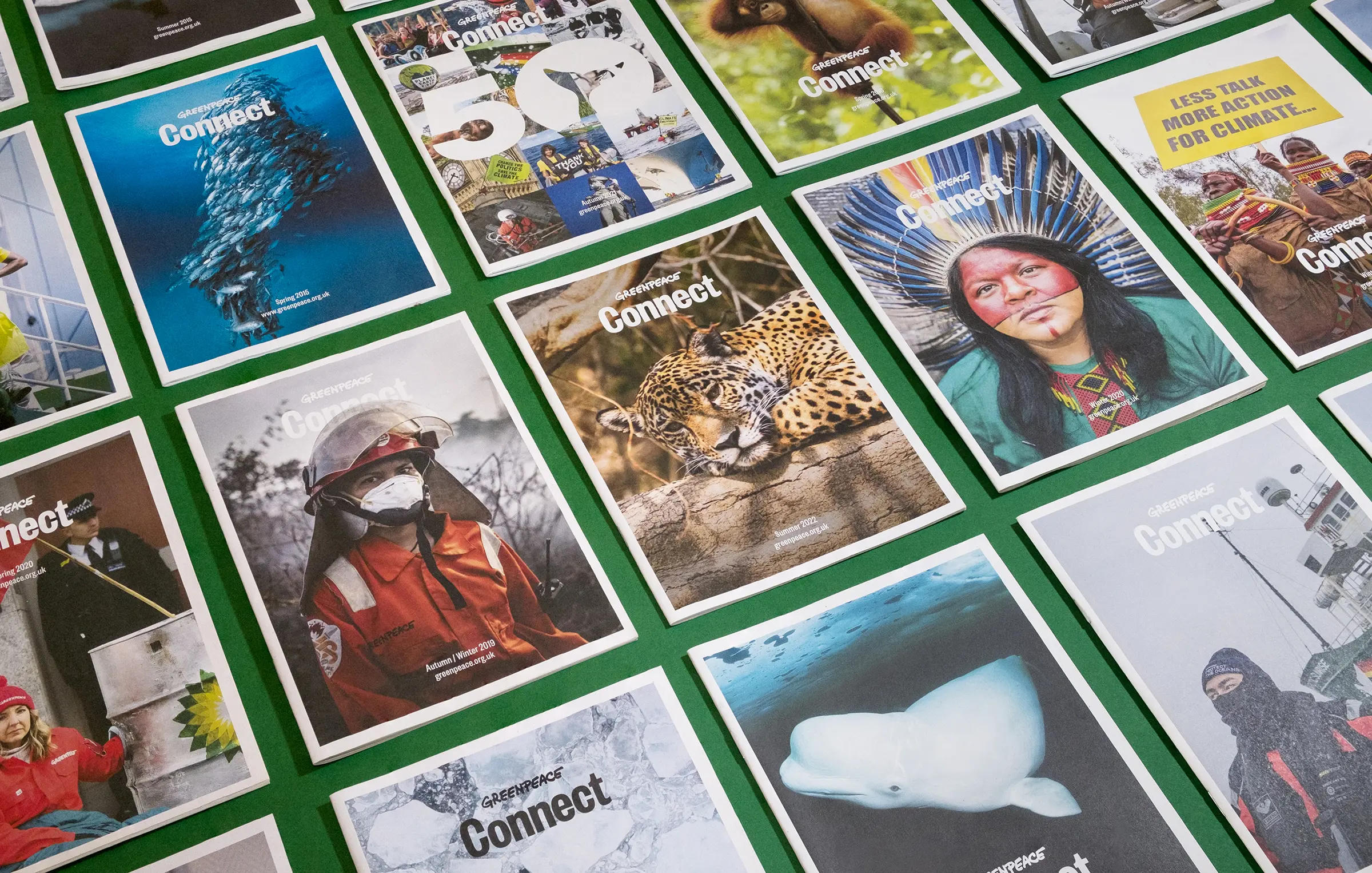 A grid of front covers for Greenpeace's Connect magazine, each with a different full cover photograph and a masthead saying Connect.