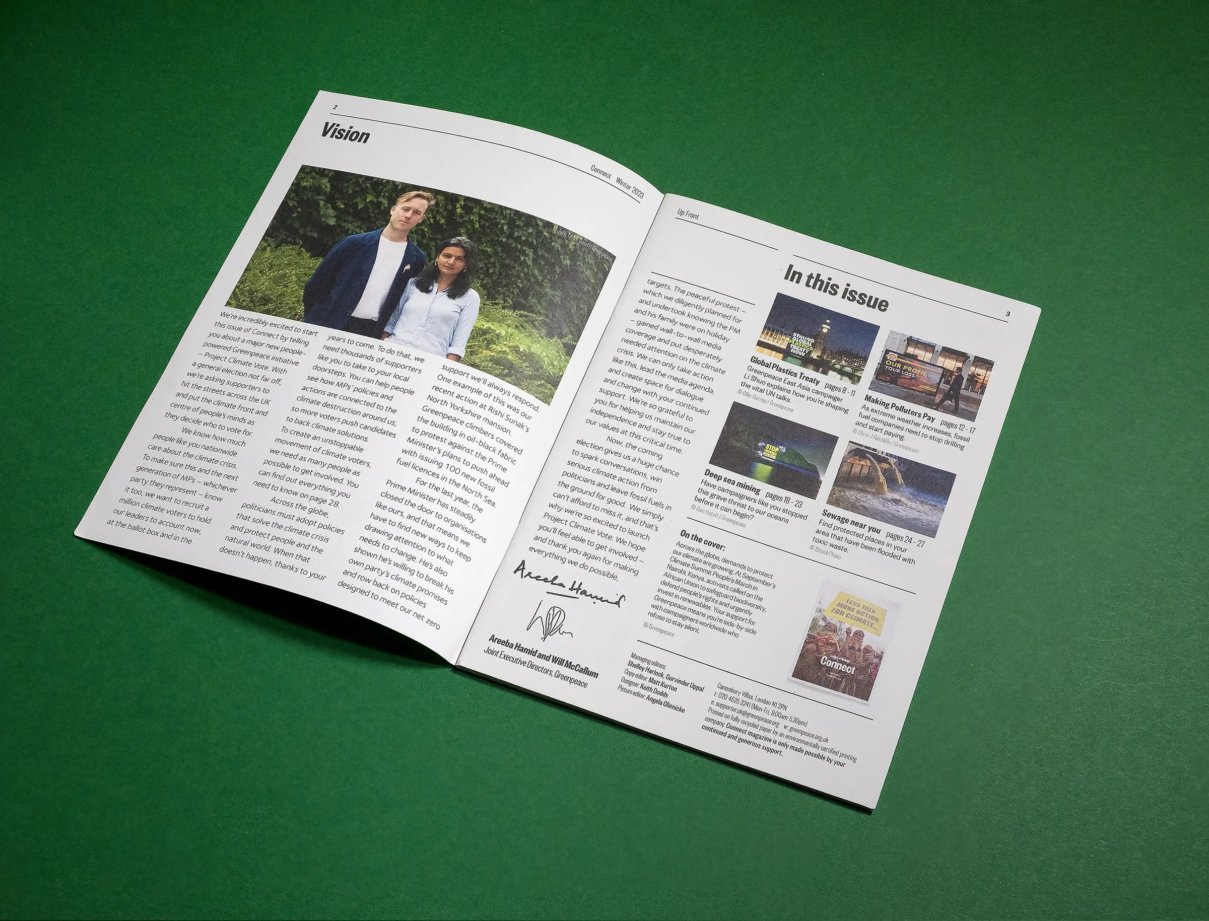 An image of the opening spread of Connect magazine against a green background.