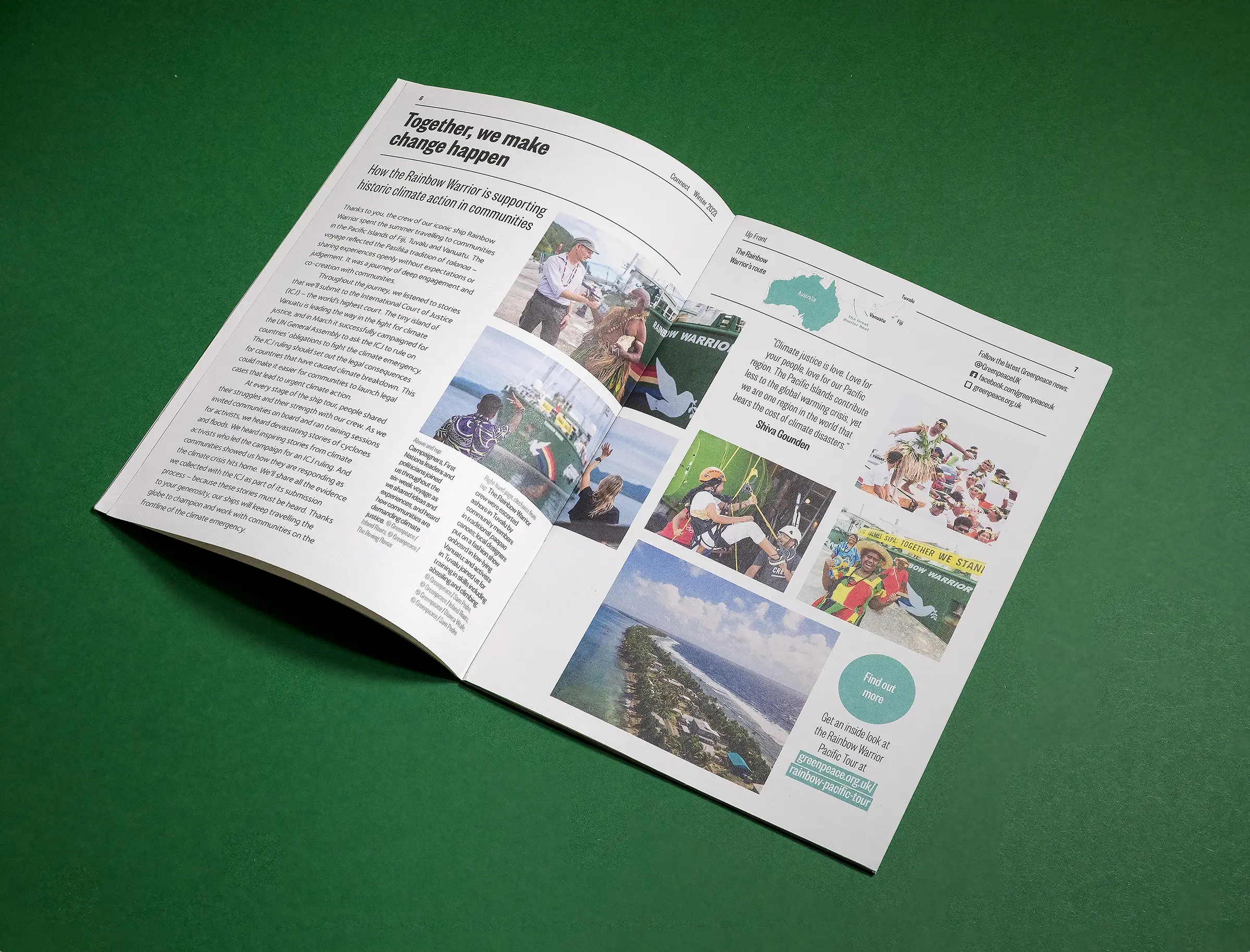 An image of the Together, we make change happen spread of Connect magazine against a green background.