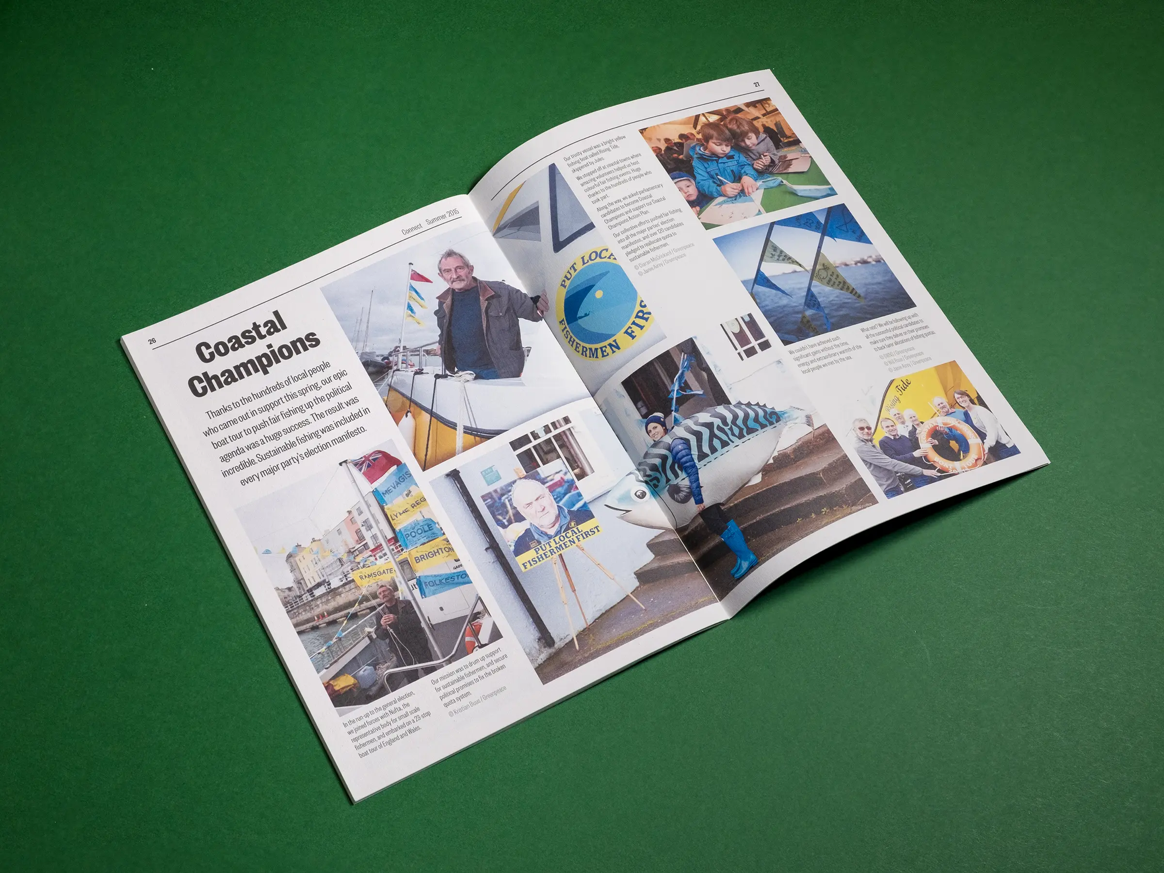 An image of a spread of Connect magazine against a green background. The title reads Coastal champions, and sits alongside an irregular grid of images.