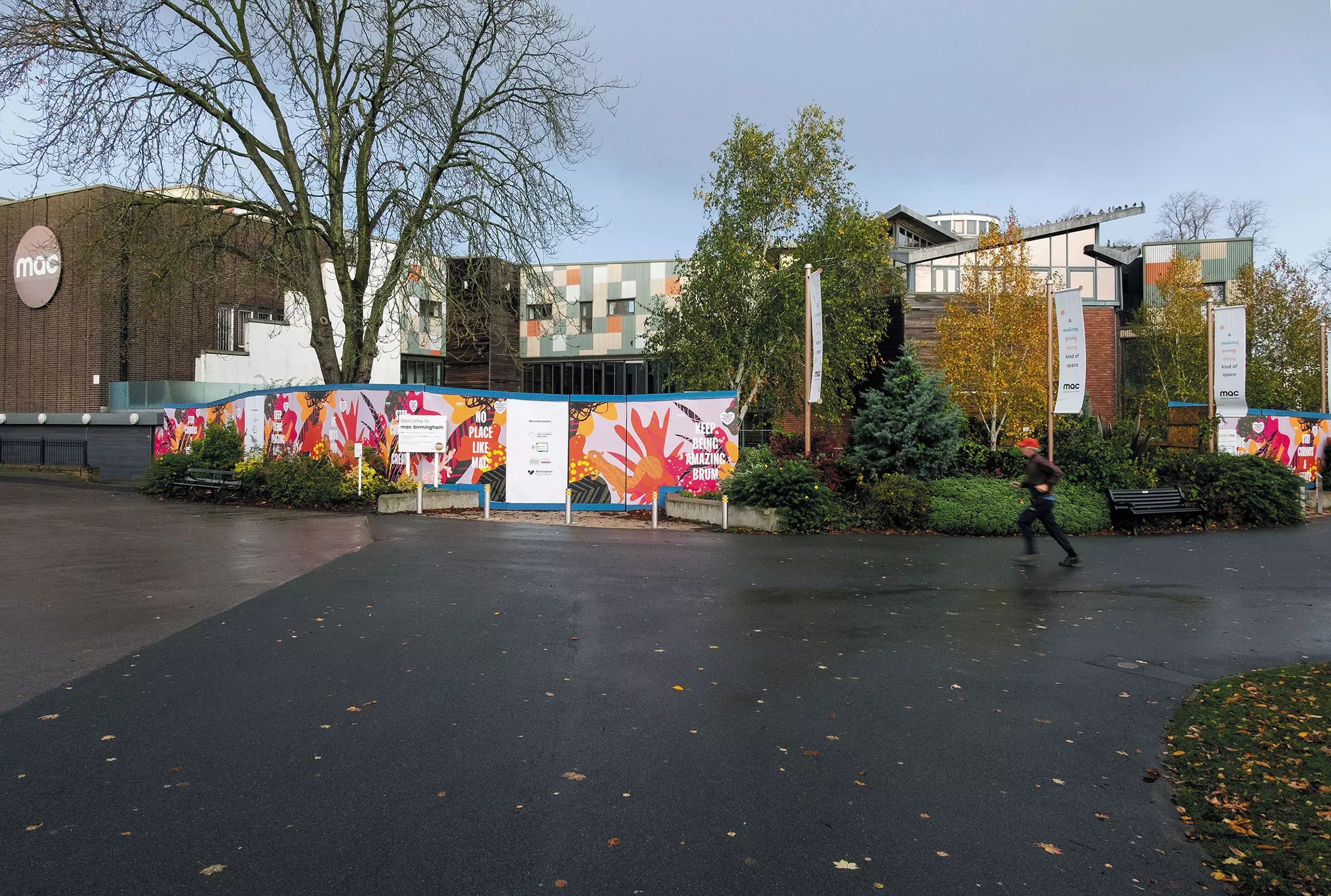 Colourful hoardings around the Midlands Arts Centre in Cannon Hill Park, Birmingham