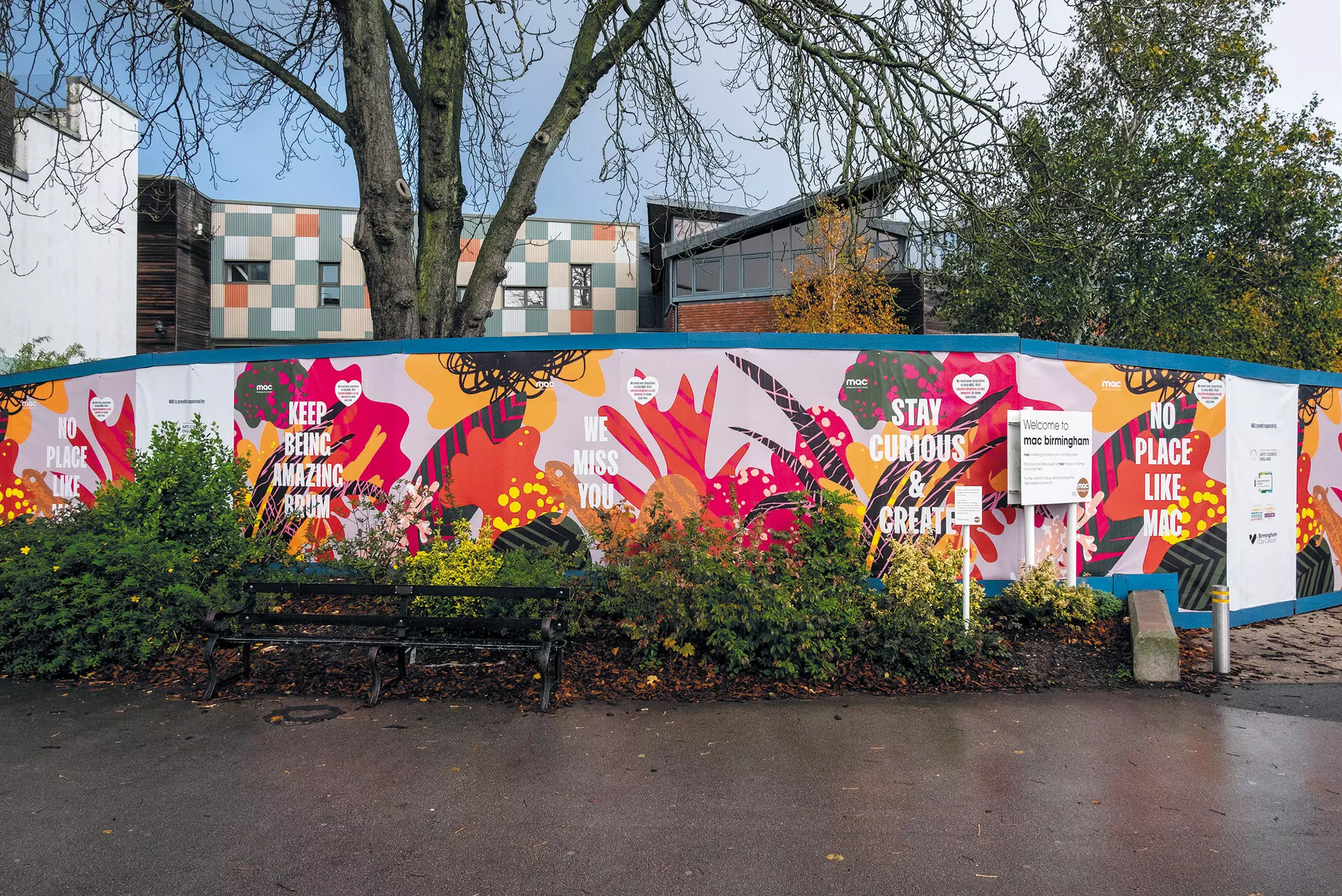 Colourful hoardings around the Midlands Arts Centre in Cannon Hill Park, Birmingham