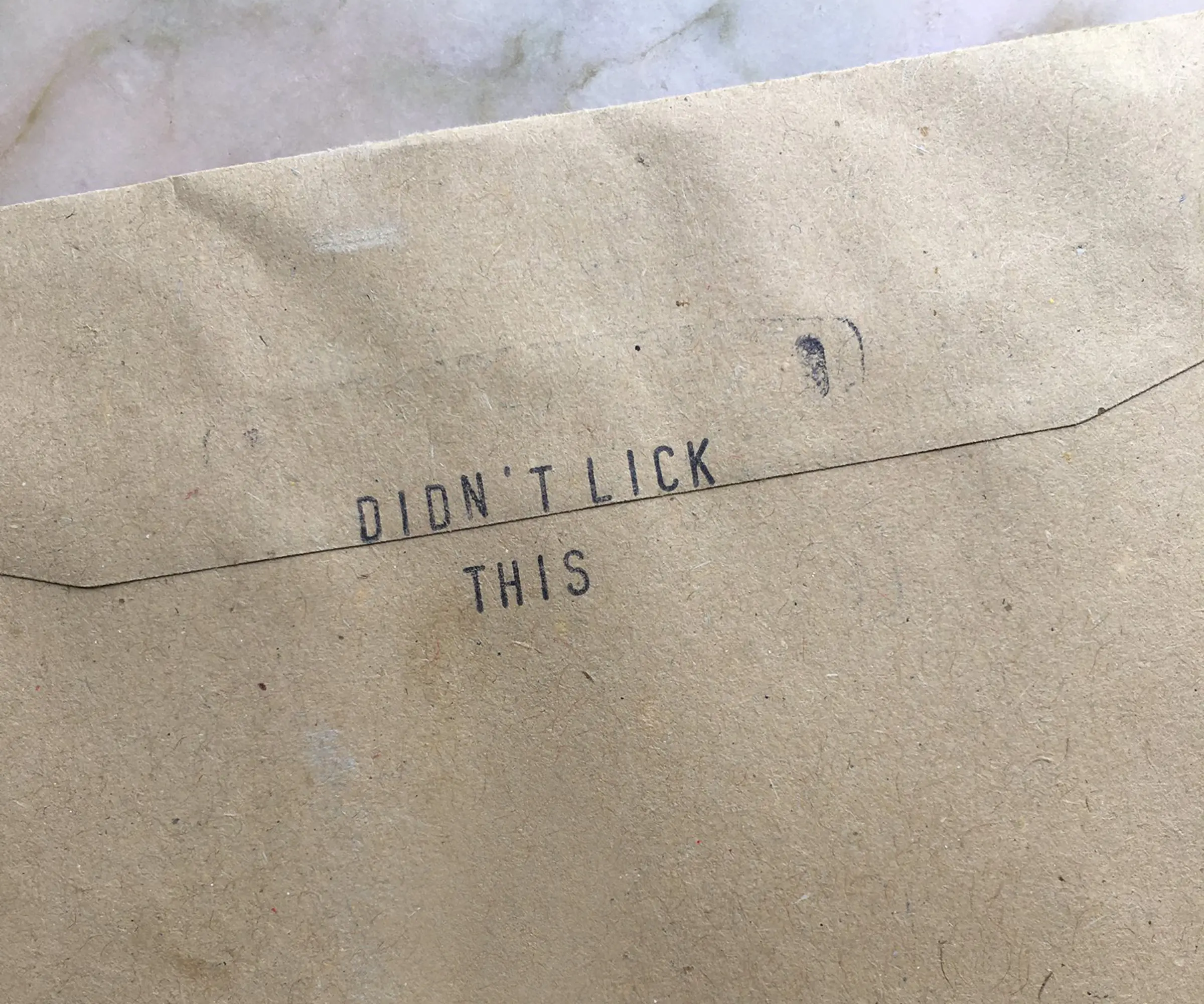An A5, brown envelope, with the words 'DIDN'T LICK THIS' stamped across the seal.